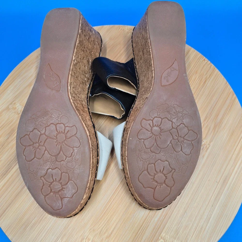 B.O.C. Born Concept Leather Wedge Sandals Black Cream‎ Cork Size 9 C57011
